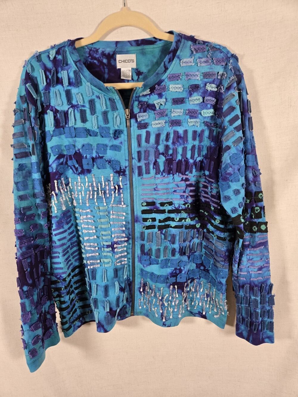 Chico's Art to Wear Ribbon Jacket Size 2 Full Zip Blue Purple Tie Dye Boho VTG